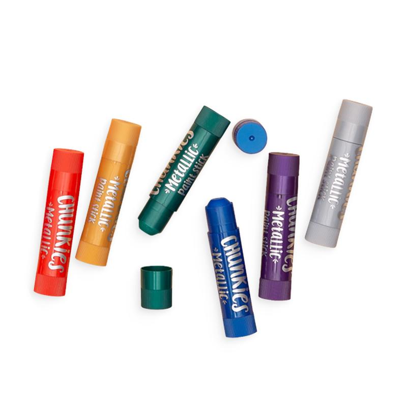 Chunkies Paint Sticks Metallic six bright metallic paint sticks in colorful thick barrels with caps off on white background