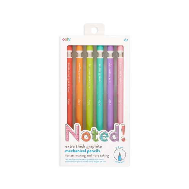 Noted Extra Thick Graphite Mechanical Pencils set with six colorful barrels and inspiring messages for writing and sketching.
