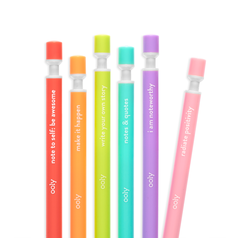 Noted Extra Thick Graphite Mechanical Pencils in six colors with inspiring messages for writing and sketching fun.