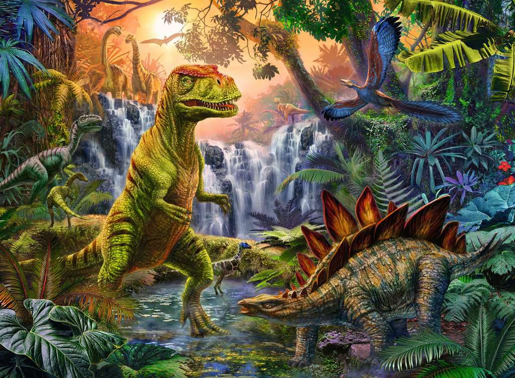 100pc Prehistoric Oasis Puzzle showing a vibrant dinosaur scene with a waterfall and lush prehistoric jungle background.