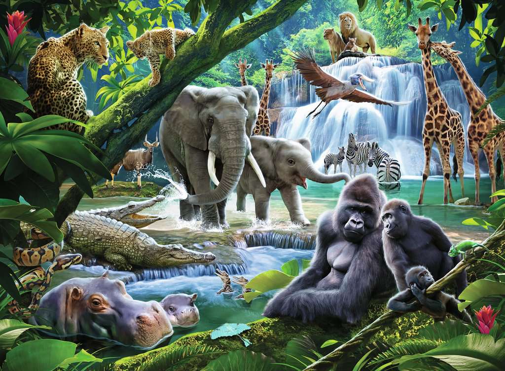 100pc Jungle Animals Puzzle featuring vibrant jungle animals like elephants, giraffes, and gorillas by the waterfall.
