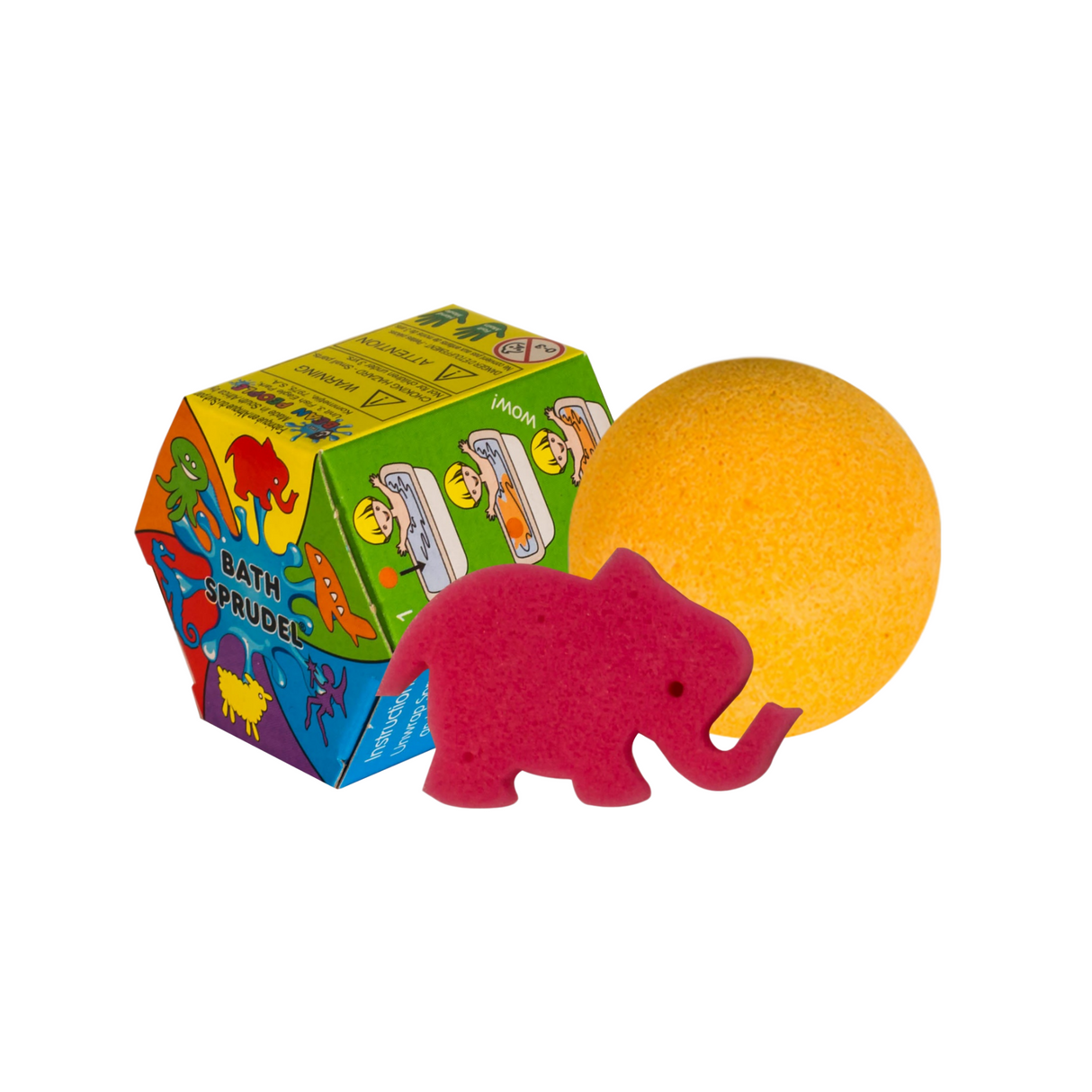 Sprudel Bath Bomb with orange fizzing bath bomb, colorful hexagonal box, and pink elephant sponge toy for kids.