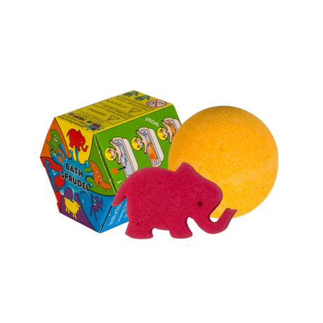Sprudel Bath Bomb with orange fizzing bath bomb, colorful hexagonal box, and pink elephant sponge toy for kids.