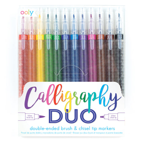 Calligraphy Duo Markers 12 colorful dual tip markers with 2.0mm chisel and 3.0mm brush tips for calligraphy.