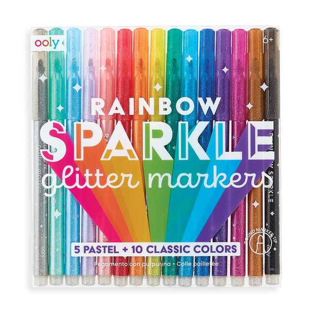 Rainbow Sparkle Glitter Markers set with 15 shimmering rainbow colors including 5 pastels and 10 classics for ages 6+