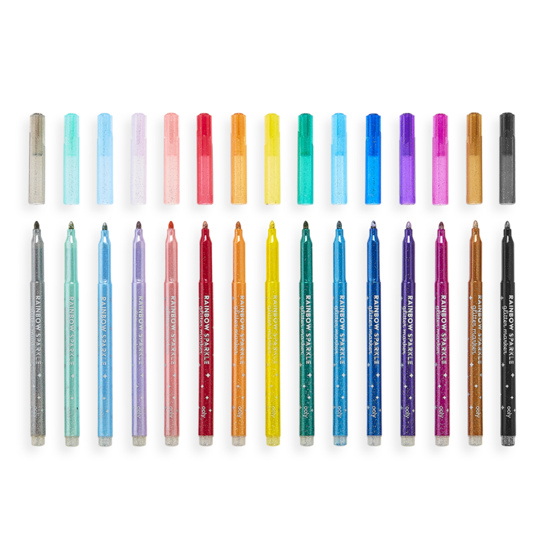 Rainbow Sparkle Glitter Markers set of 15 shimmering rainbow colors, including pastels and classic shades for creative art.