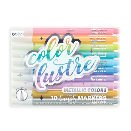 Color Lustre Metallic Brush Markers set of 10 bright shimmering metallic colors with brush tip nibs for creative projects.