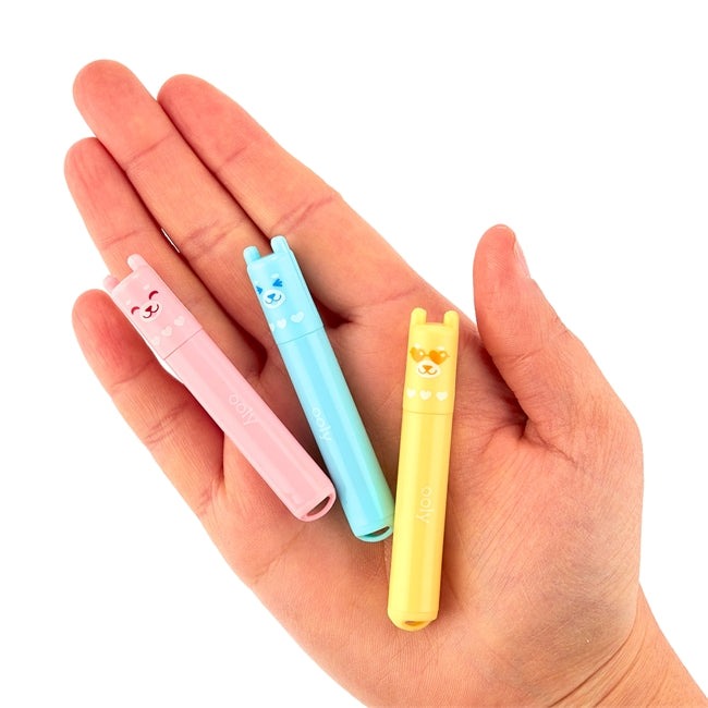 Mini Scented Highlighters | Beary Sweet showing three neon bear-shaped caps in pink, blue, and yellow on a hand.