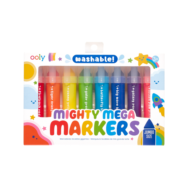 Mighty Mega Markers jumbo washable markers in 8 vibrant colors with chunky barrels for little hands aged 3 and up.