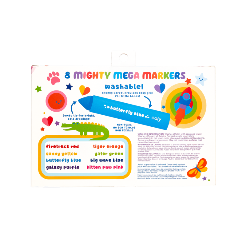 Mighty Mega Markers pack with 8 vibrant washable colors, chunky barrels, and triangle tips for thin or thick lines.
