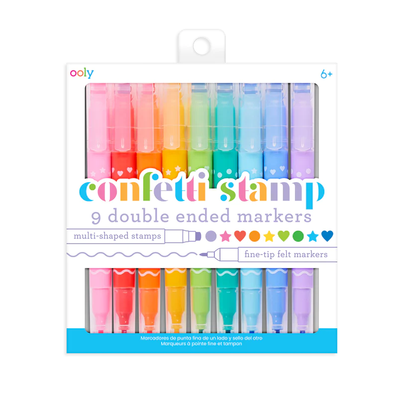 Confetti Stamp Markers set of 9 double-ended markers with fine tips and confetti-shaped stamps for colorful art.