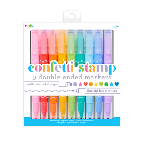 Confetti Stamp Markers set of 9 double-ended markers with fine tips and confetti-shaped stamps for colorful art.