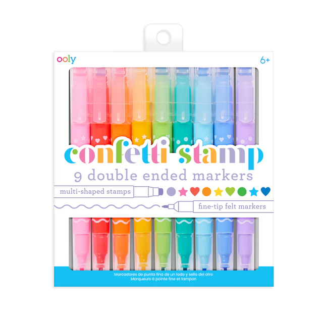 Confetti Stamp Markers set of 9 double-ended markers with fine tips and confetti-shaped stamps for colorful art.