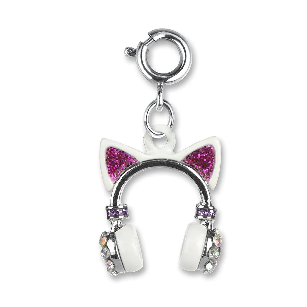 Kitty Ears Headphones Charm featuring sparkly pink enamel, glitter, and rhinestones on silver-tone metal design.