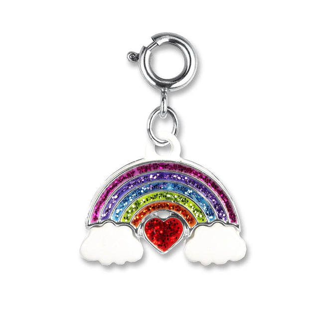 Glitter Rainbow Charm with enamel and glitter details, featuring a rainbow and red heart with silver clasp for bracelets or necklaces.