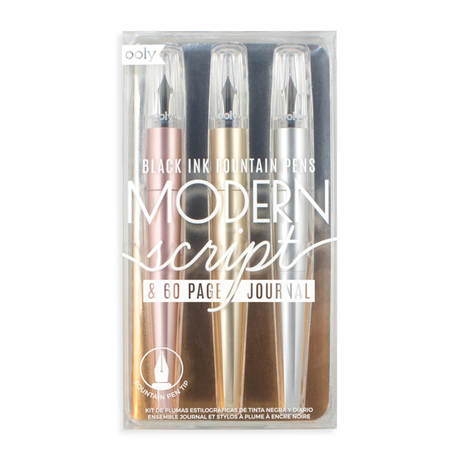Modern Script Fountain Pens set with black ink in Gold, Rose Gold, and Silver metallic finishes for elegant writing.
