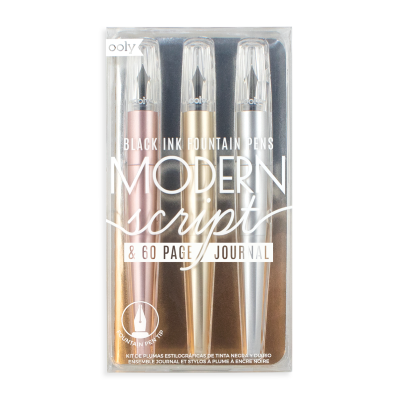 Modern Script Fountain Pens set with black ink in Gold, Rose Gold, and Silver metallic finishes for elegant writing.