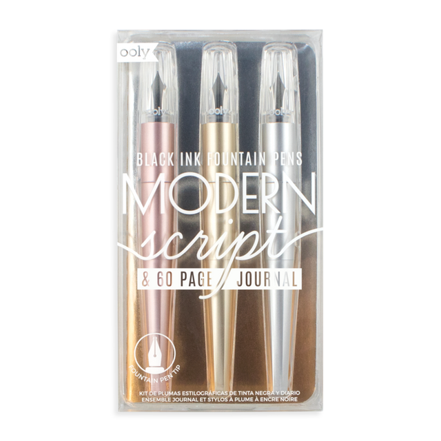 Modern Script Fountain Pens set with black ink in Gold, Rose Gold, and Silver metallic finishes for elegant writing.