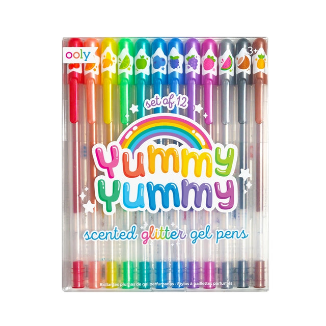 Yummy Yummy Scented Glitter Gel Pens set of 12 colorful scented glitter gel pens with fruity scents and vibrant sparkle.