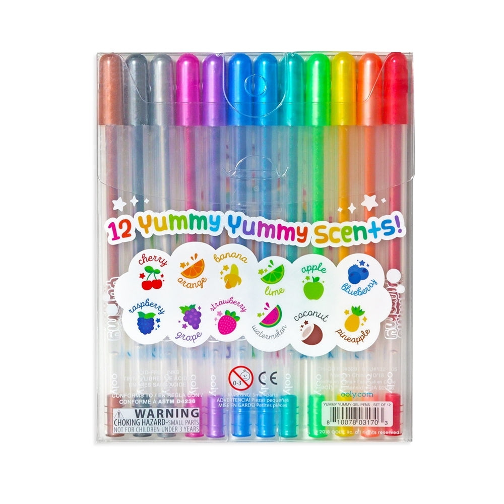 Yummy Yummy Scented Glitter Gel Pens set with 12 colorful, fruity scented glitter gel pens for sparkling creative artwork.