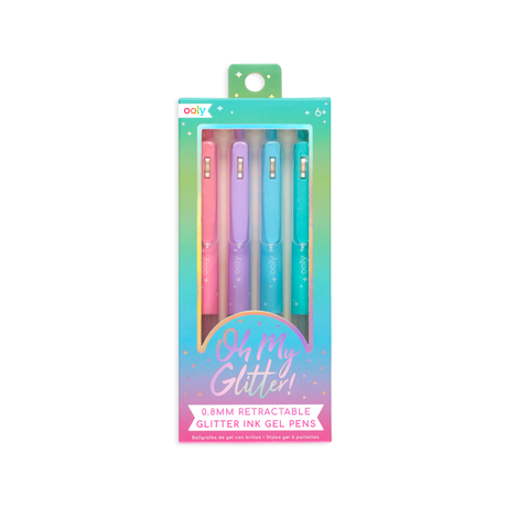 Oh My Glitter Gel Pens set of 4 glitter ink retractable gel pens with comfort grip and functional clips in pastel colors.