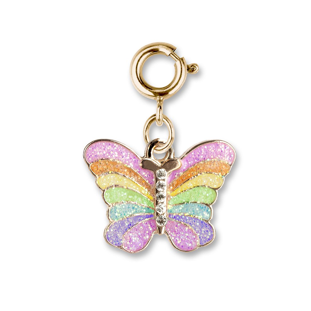 Gold Glitter Butterfly Charm with pastel glitter enamel butterfly and gold clasp for customizable bracelets or necklaces.