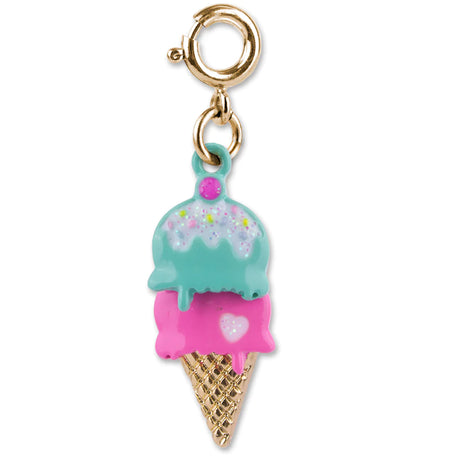 Gold Swivel Ice Cream Cone Charm with teal and pink enamel scoops and a gold-tone waffle cone detail.