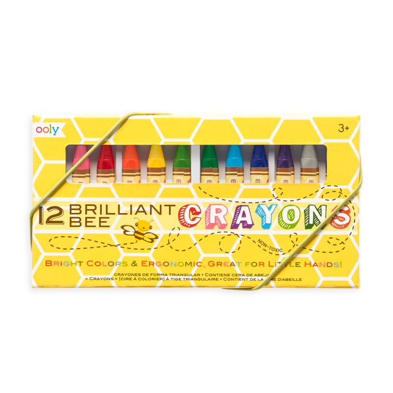 Brilliant Bee Crayons set with 12 bright, ergonomic triangle crayons for smooth coloring, ideal for kids ages 3 and up.