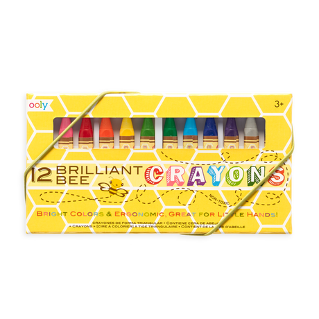 Brilliant Bee Crayons set with 12 bright, ergonomic triangle crayons for smooth coloring, ideal for kids ages 3 and up.
