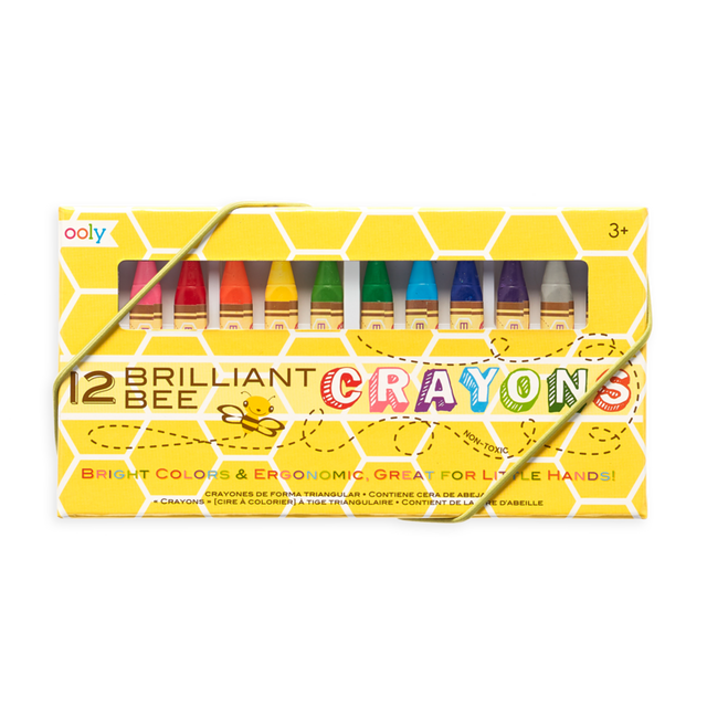 Brilliant Bee Crayons set with 12 bright, ergonomic triangle crayons for smooth coloring, ideal for kids ages 3 and up.
