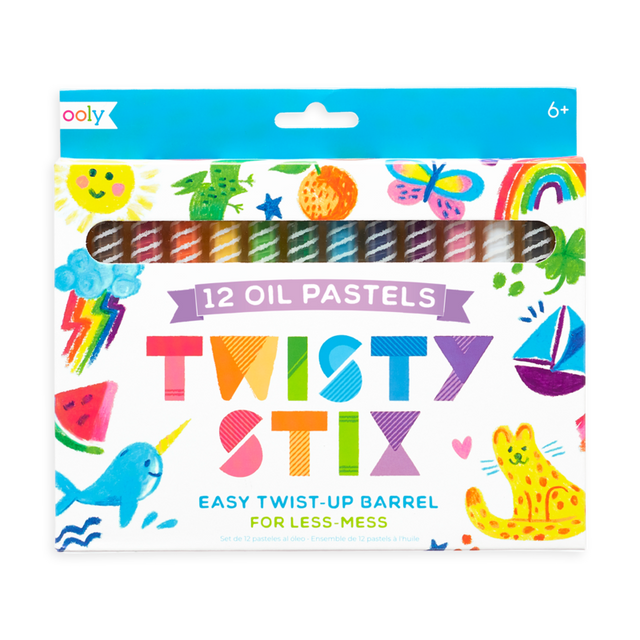 Twisty Stix Oil Pastels set of 12 vibrant twist-up oil pastels with easy barrel for clean, mess-free coloring and blending.