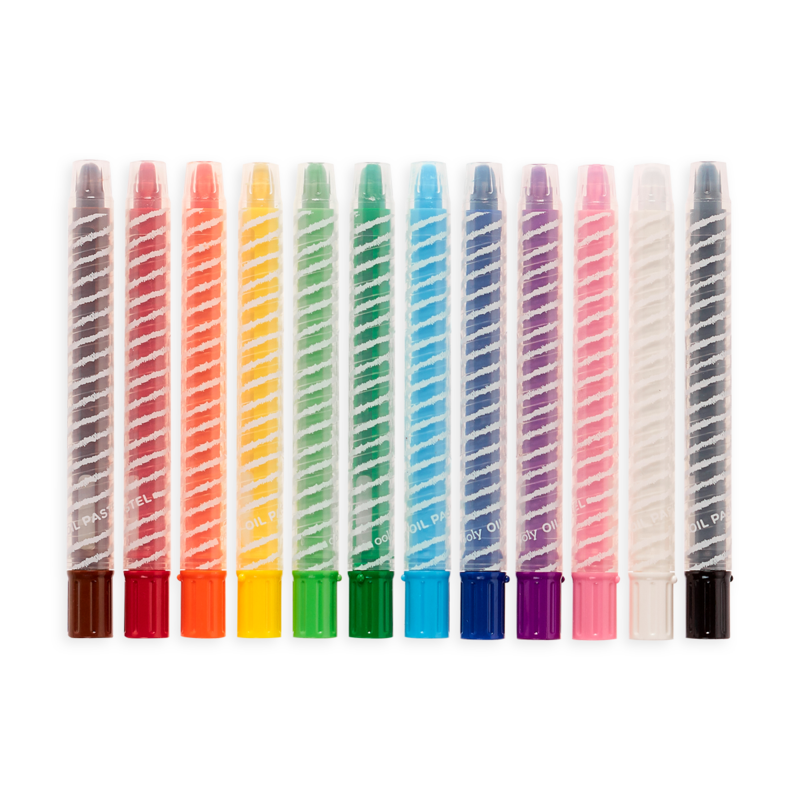 Twelve vibrant colors of Twisty Stix Oil Pastels in twist-up cases for clean, easy use and blending.