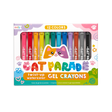 Cat Parade Twist-Up Watercolor Gel Crayons set of 12 bright colors with kitten face caps and twist-up barrels.