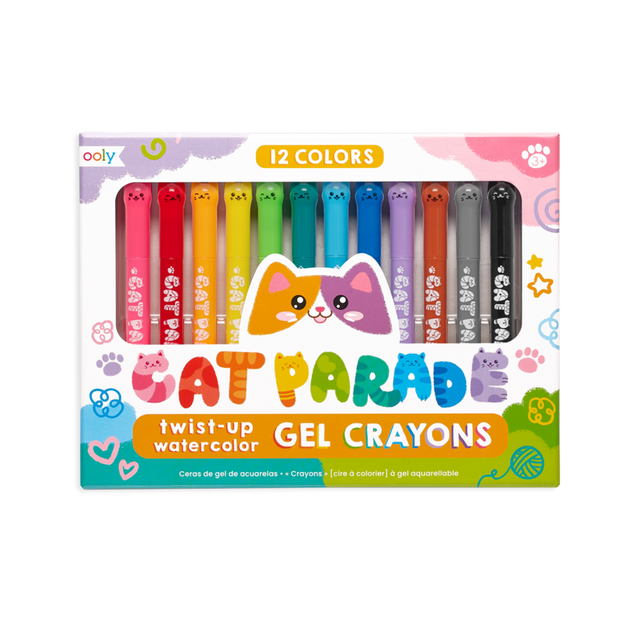 Cat Parade Twist-Up Watercolor Gel Crayons set of 12 bright colors with kitten face caps and twist-up barrels.
