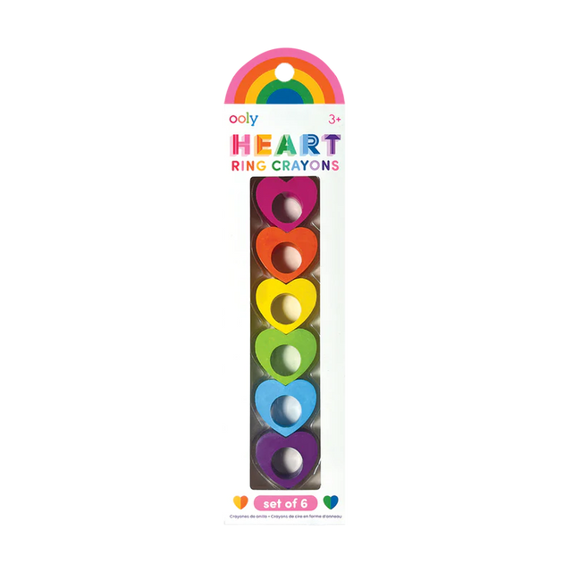 Heart Ring Crayons pack of six colorful heart-shaped wearable crayon rings in pink, orange, yellow, green, blue, and purple.