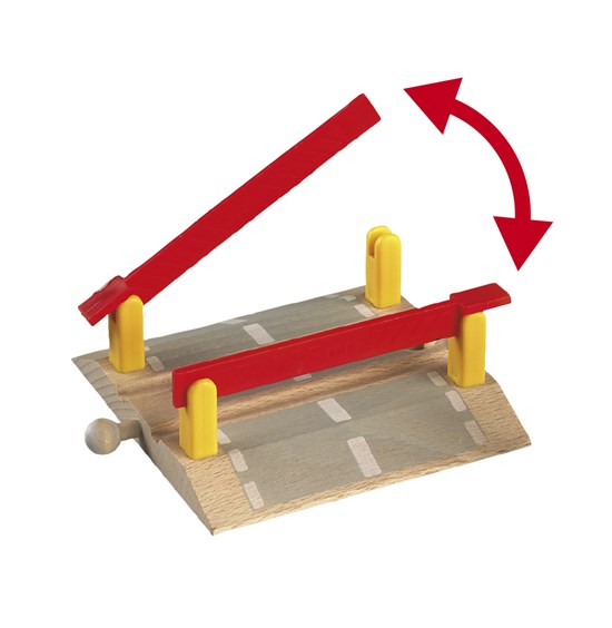 Railway Crossing toy with movable red barriers for safe train crossing on wooden tracks, fits BRIO sets, ages 3+