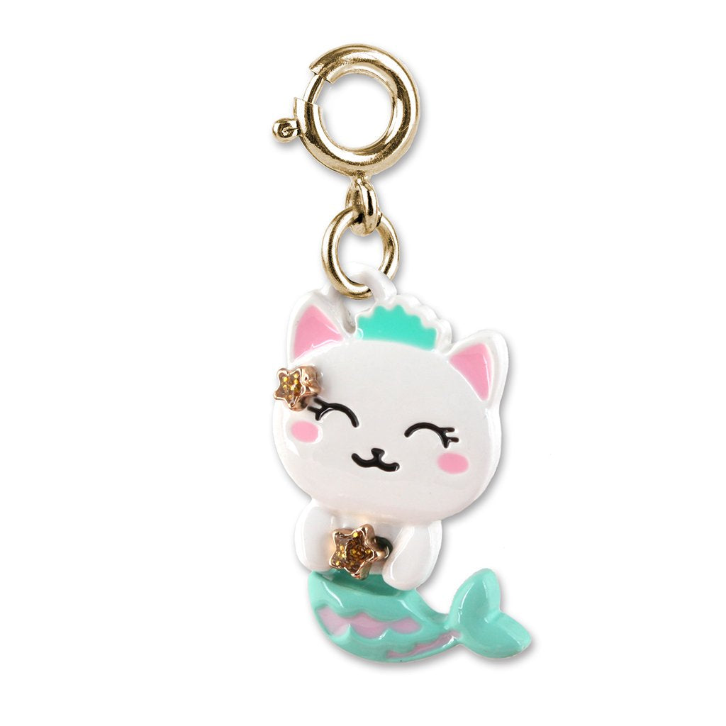 Purrmaid Gold Charm featuring a cute white cat mermaid with enamel details and gold accents, perfect for charm lovers.