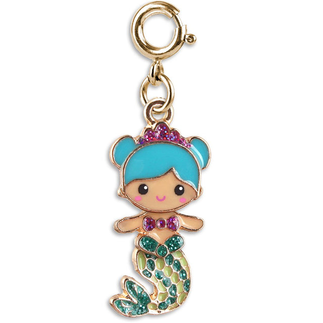 Swivel Mermaid Gold Charm featuring blue hair, enamel, and base metal with sparkling gemstone details.