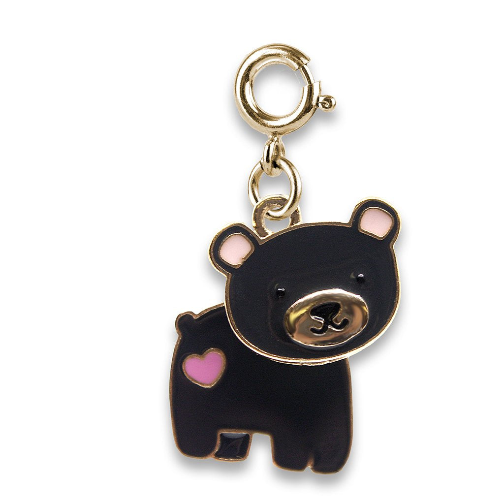 Swivel Bear Gold Charm featuring a cute black enamel bear with pink heart detail and gold metal swivel clasp.