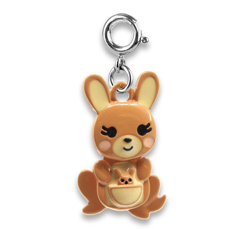 Kangaroo Swivel Charm featuring a cute enamel kangaroo with a baby in its pouch, made of base metal and swivels.