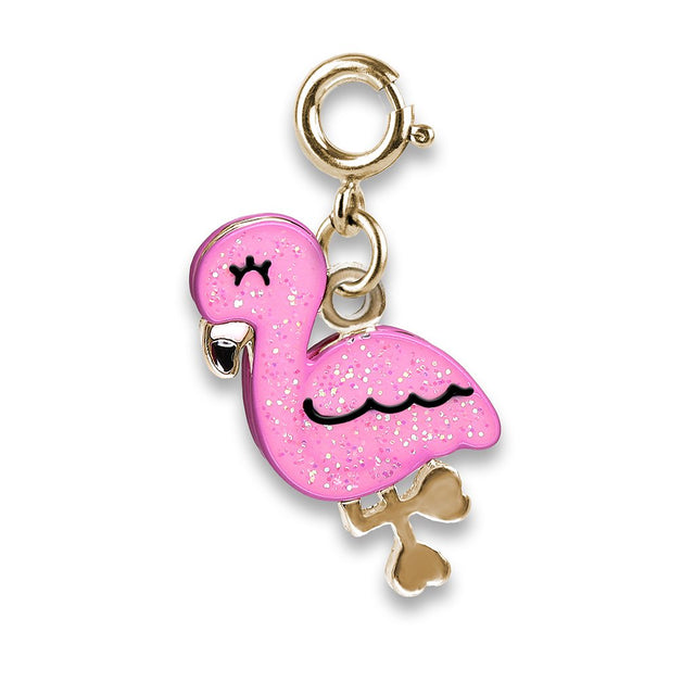 Glitter Flamingo Gold Charm in pink enamel with gold base metal and glitter, perfect for CHARM IT! bracelets or necklaces.