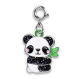 Glitter Panda Charm featuring a cute glittery panda holding green bamboo for bracelets or necklaces.