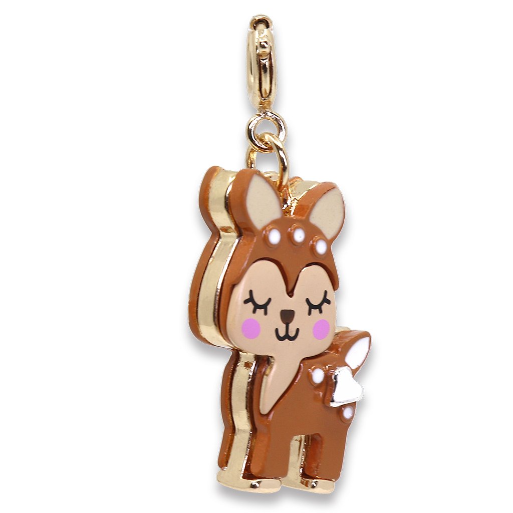Fawn Charm enamel and base metal pendant shaped like a cute baby deer with closed eyes and pink cheeks.