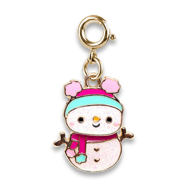 Snowman Gold Charm with enamel and glitter details, featuring a cute snowman wearing a pink and blue hat and scarf.