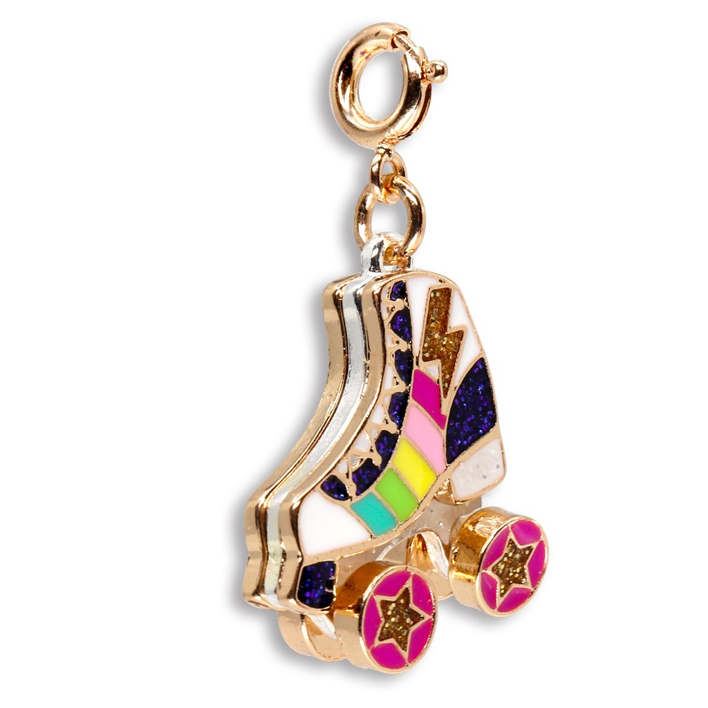 Gold Rainbow Rollerskate Charm with spinning star wheels and colorful glitter enamel detailing.
