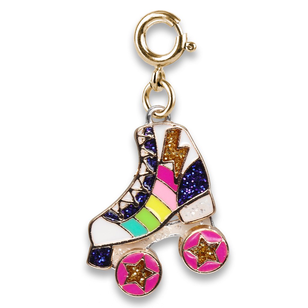 Gold Rainbow Rollerskate Charm with spinning star wheels, rainbow glitter, and gold-tone metal details.