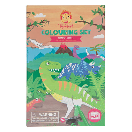 Coloring Set | Dinosaurs featuring vibrant dinosaur illustrations with volcano and jungle background, ideal for kids ages 3 and up.