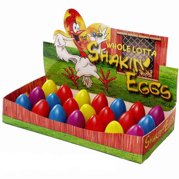 Colorful assorted Egg Shake toys in a display box, perfect size for small hands, sold individually for ages 3 and up.
