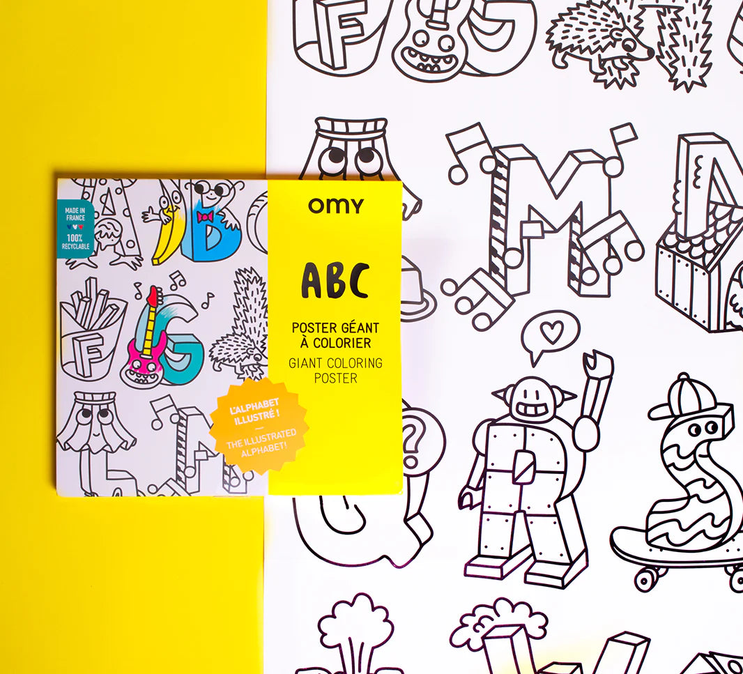 ABC Giant Coloring Poster featuring large alphabet letters with cute cartoon illustrations for coloring fun and creativity.