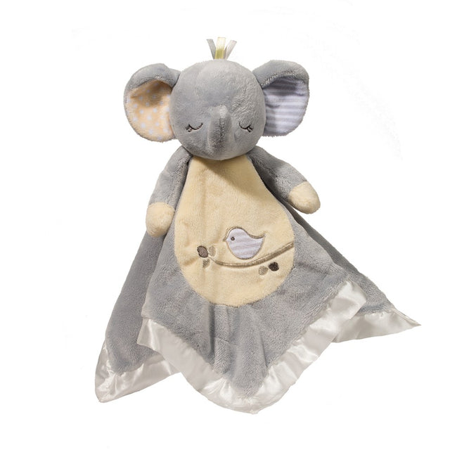 Blankie Snuggler Elephant soft gray plush toy with embroidered bird and patterned ears for baby comfort and cuddles.